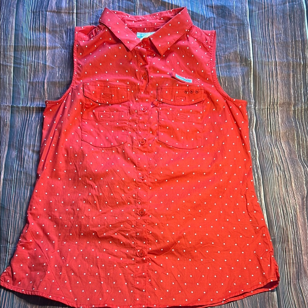 Columbia PFG Women’s Small Bonehead Stretch Sleeveless Shirt Red & White